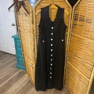 Vintage 90s Virgo Black Linen Blend Maxi Dress Button Front Sleeveless Size 12